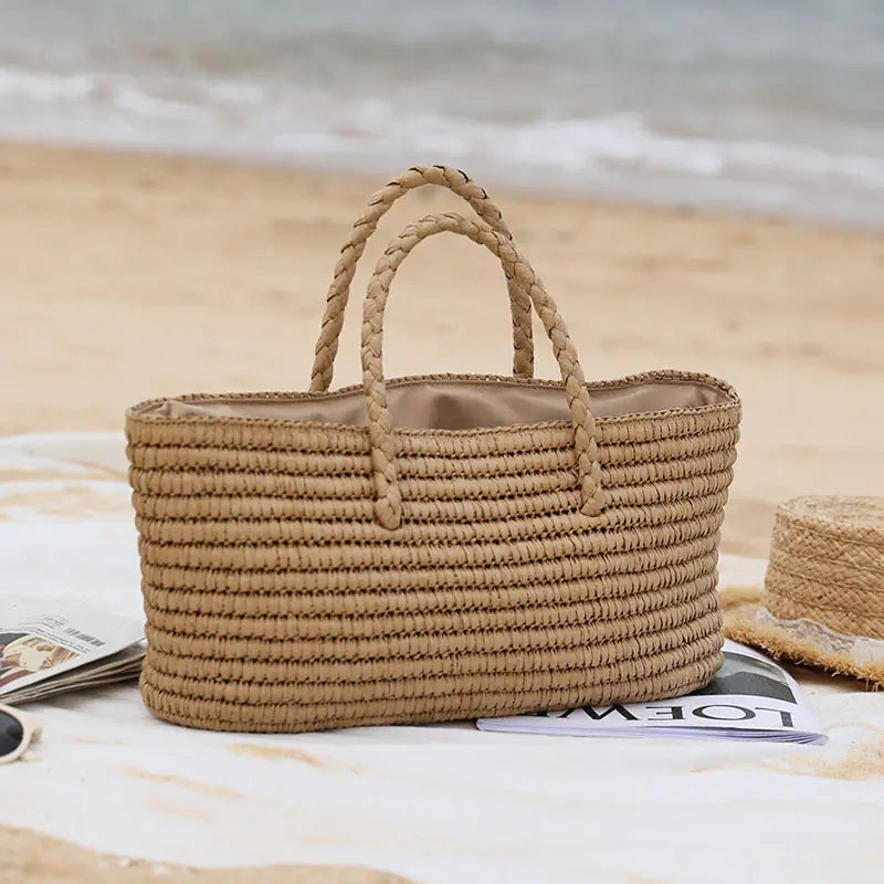 Handmade woven straw tote bag