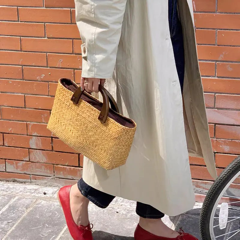 Straw Tote Bag with Wooden Handle