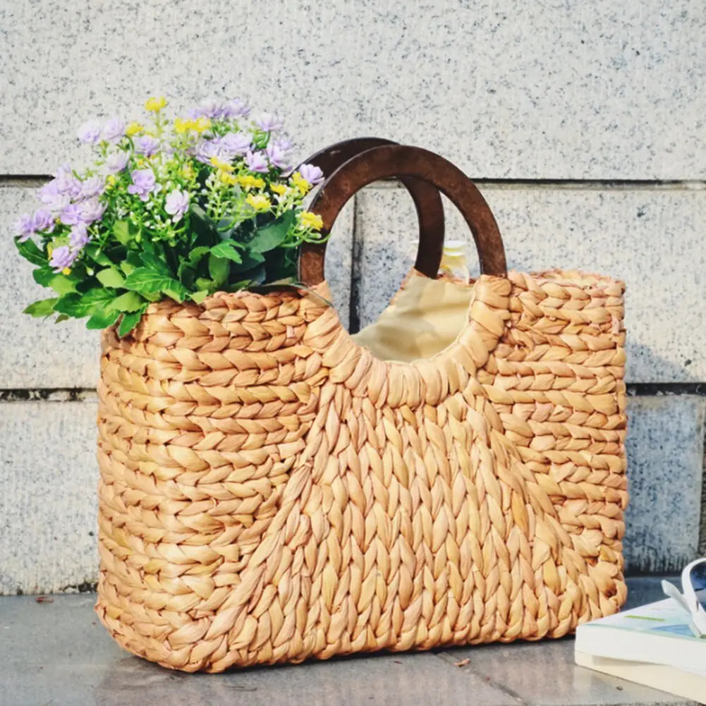 Woven straw tote bag