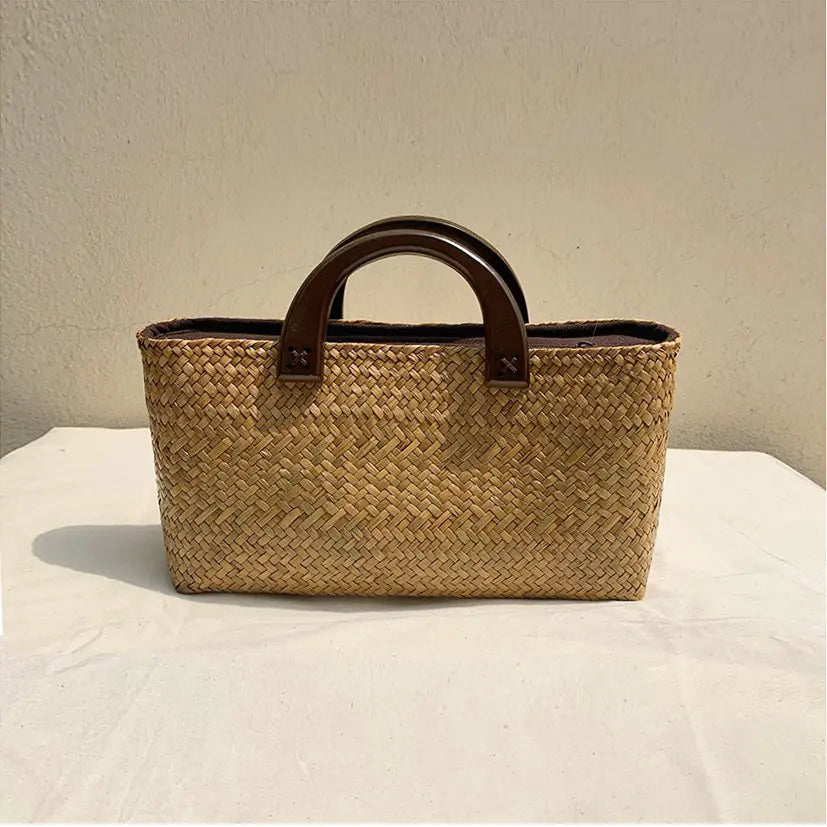 Straw Tote Bag with Wooden Handle