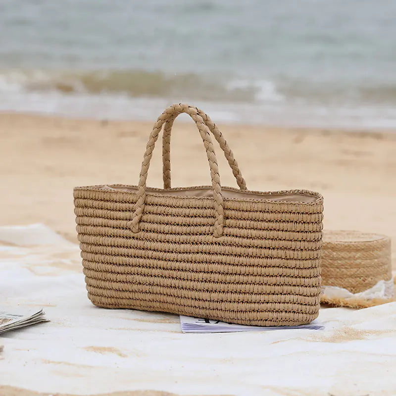 Handmade woven straw tote bag